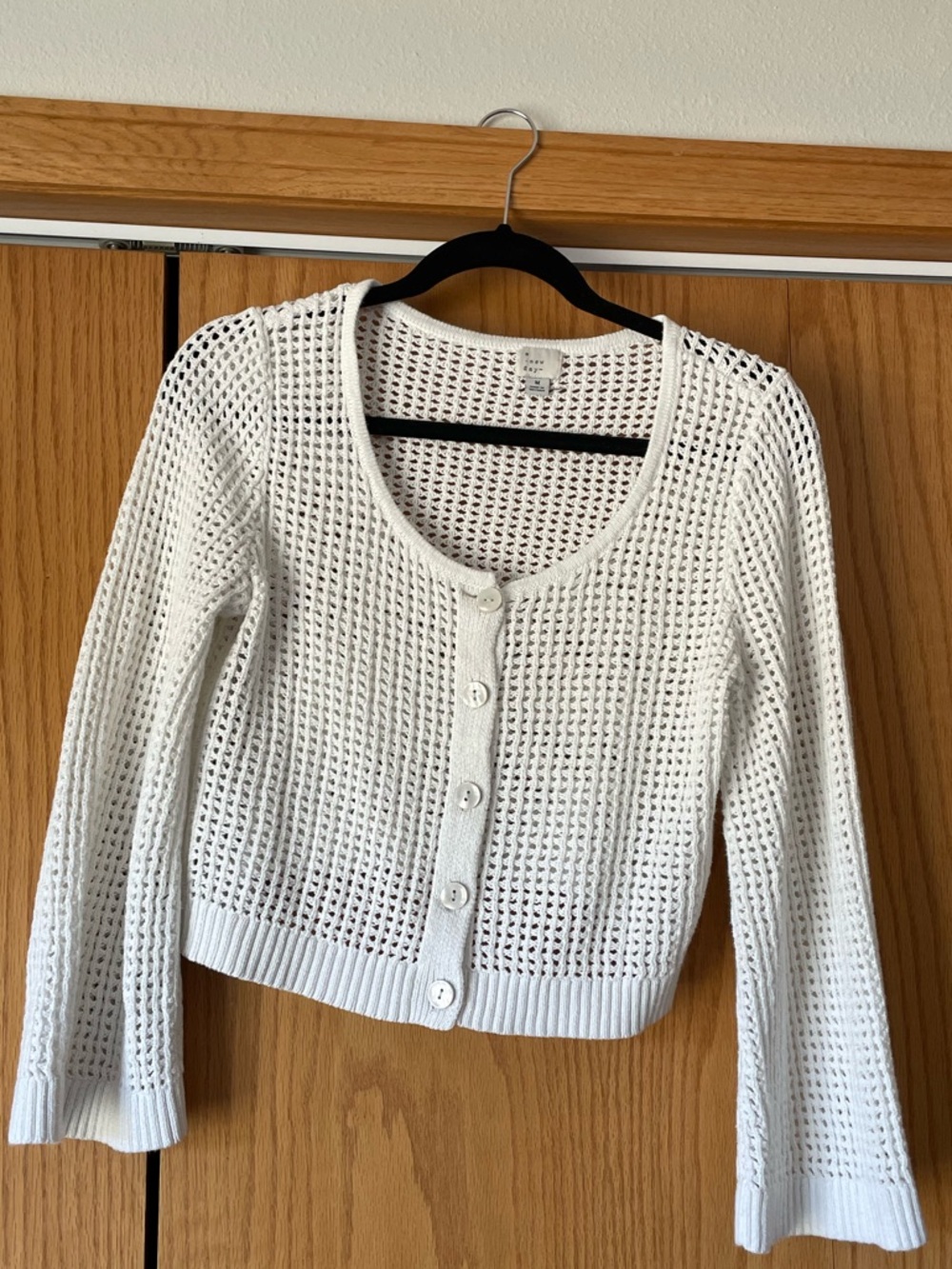 White Open-Knit Cropped Button Cardigan